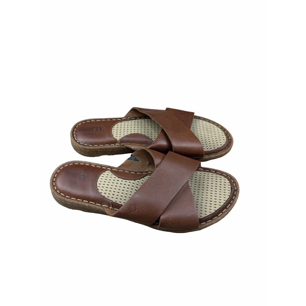Born Hana Brown Leather Crisscross Slide Cushioned Sandals Women’s 10  Comfort